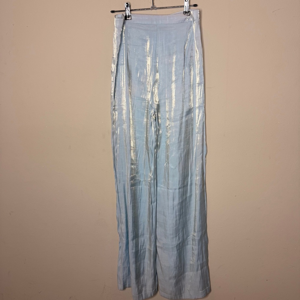 Nasty Gal Wide Leg Pants Womens Size 6 Light Blue Metallic Shimmer High Waist - Picture 4 of 10